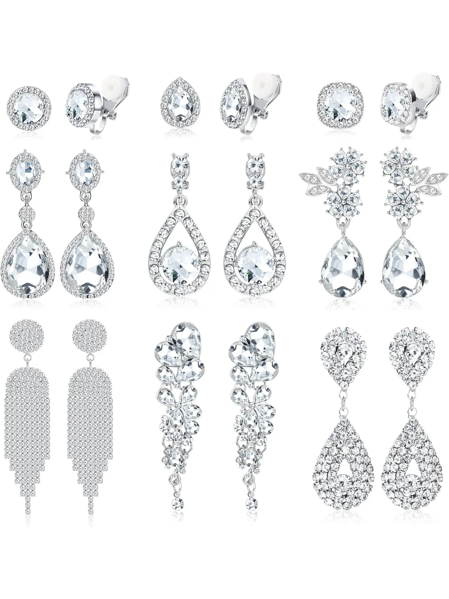 9 Pairs Clip On Earrings For Women Wedding Bridal Chandelier Earrings Teardrop Long Drop Dangle Clip-On Earrings Set Rhinestone Earrings For Brides Bridesmaids Non Pierced Jewelry Studs Sparkling Ear Jewelry Stylish Jewelry Fashionable Jewelry Accessories