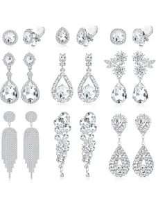 9 Pairs Clip On Earrings For Women Wedding Bridal Chandelier Earrings Teardrop Long Drop Dangle Clip-On Earrings Set Rhinestone Earrings For Brides Bridesmaids Non Pierced Jewelry Studs