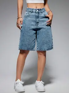 Fashion Wide Leg High Waist Elastic Jeans Shorts with Pocket, Casual Loose-Fitting Denim Jeans for Daily Wear, Parties & All Seasons