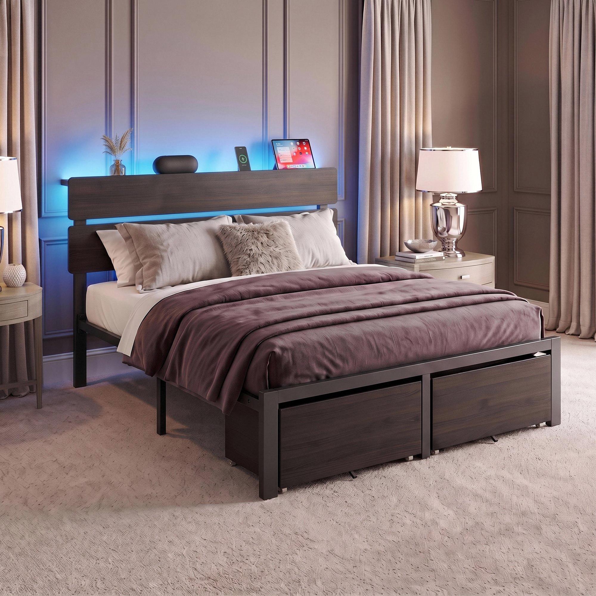 MUTICOR LED Bed Frame with 2 Fabric Storage Drawers, Charging Station & MDF Storage Headboard, Steel Slat Platform Bed with Underbed Storage, No Box Spring Needed