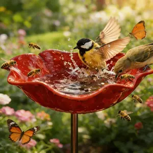 Handmade Metal Flower Garden Stake with Bird Bath & pollinator Water Station, Pollinator Support, Bee Bath for Garden Metal Bee Water Feeder with Flower Design for Outdoor Yard Decor