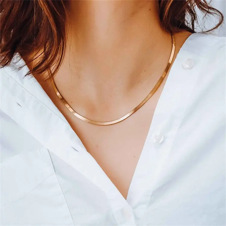 Titanium Steel Gold Herringbone Chain - Fashion Jewelry Accessories, Costume Jewelry, Casual Style Necklaces, Daily Versatile Chain, Adjustable 16.5+3.14in Choker for Women Men, Costume Jewelry Necklace
