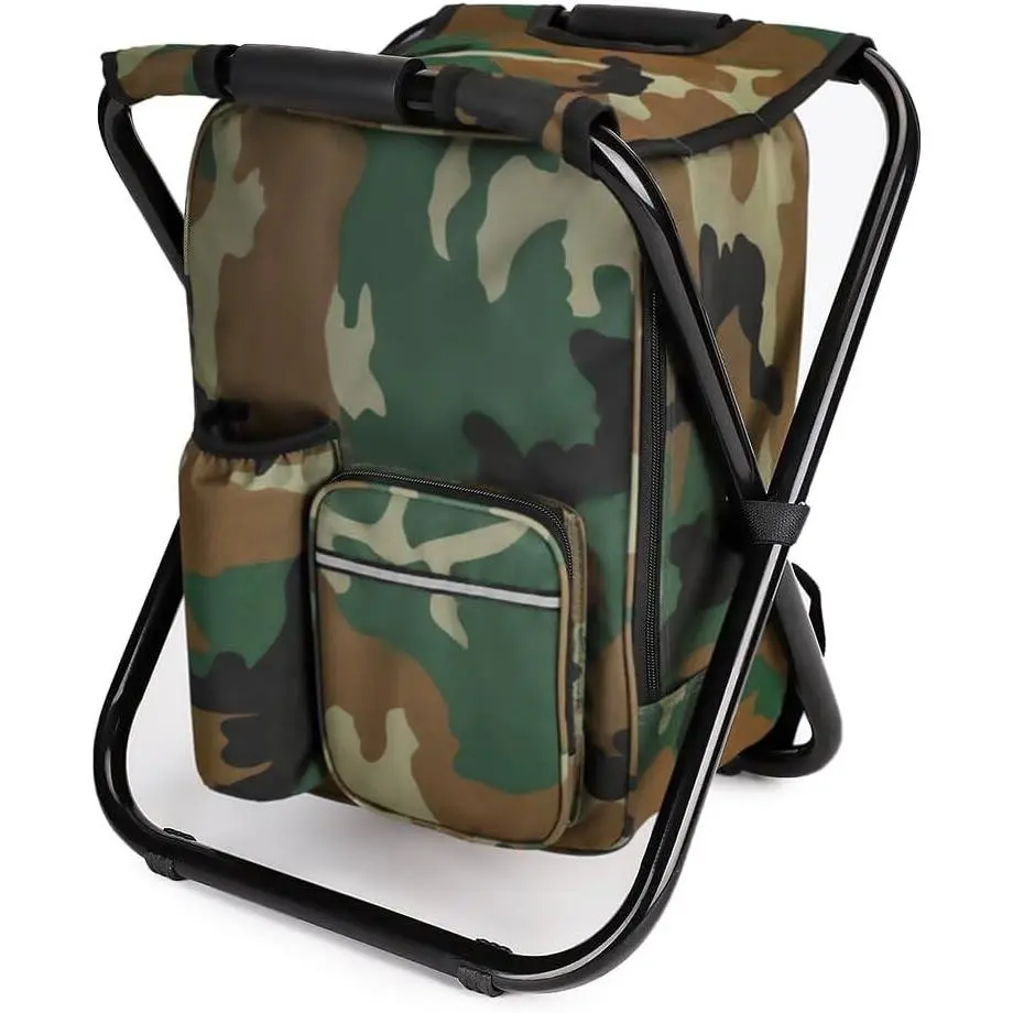 Portable Hiking Camouflage Camping Stool, Folding Camping Chair Stool Backpack with Cooler Insulated Picnic Bag stuff fishing