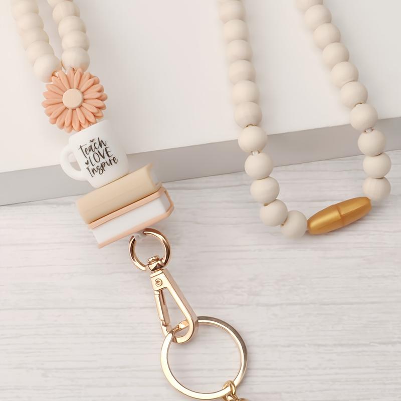 Teacher neck detachable hanging rope, suitable for ID cards, badges, keys, keychains, cute wooden beads with daisies and silicone cups, an excellent gift for ladies, teachers, workers, doctors, and nurses