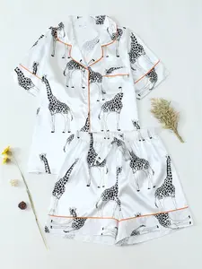 Women's Giraffe Print Satin Pajama Two-piece Set, Casual Comfy Short Sleeve Shirt & Shorts Loungewear Set, Ladies Summer Sleepwear Pyjamas Pjs Womenswear