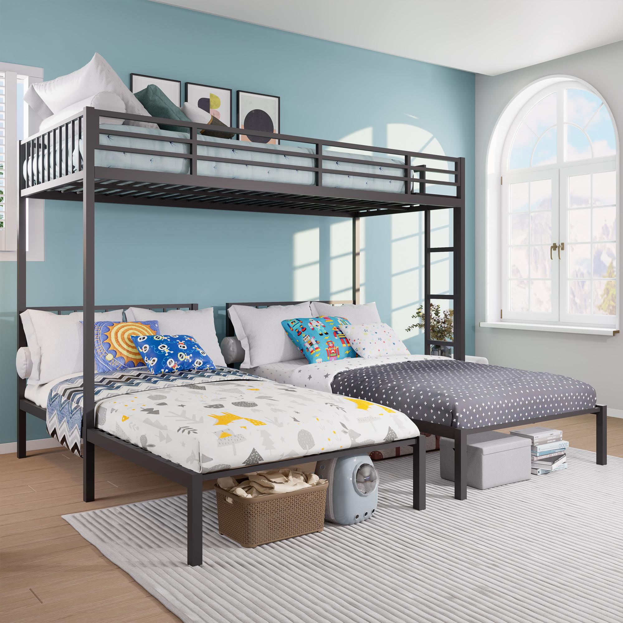 Triple Bunk Bed for Kids, Detachable Twin Over Twin Over Twin Metal Bunk Bed with Guardrails, Ladder & Storage, Converts to 3 Separate Twin Beds, Easy to Assemble (3 Bunk Beds for Kids)