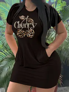 Women's Leopard Cherry Print Short Sleeve Dress, Casual Round Neck Summer Dress, Tight-Fitting Kint Fabric, Casual Chic Fitted, All Seasons Wear, Womenswear