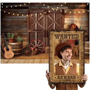 Western Party Decorations Wanted Poster Frame  West Backdrop Cowboy Photo Booth Set 7 x 5 ft Rustic Barn Door  Background for Birthday Rodeo Party