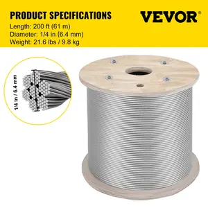 VEVOR 1/4 Stainless Steel Cable 200FT, T304 7x19 Tighter Core Cable Railing System Wire Rope Aircraft Deck Railing Kit Fence Wire
