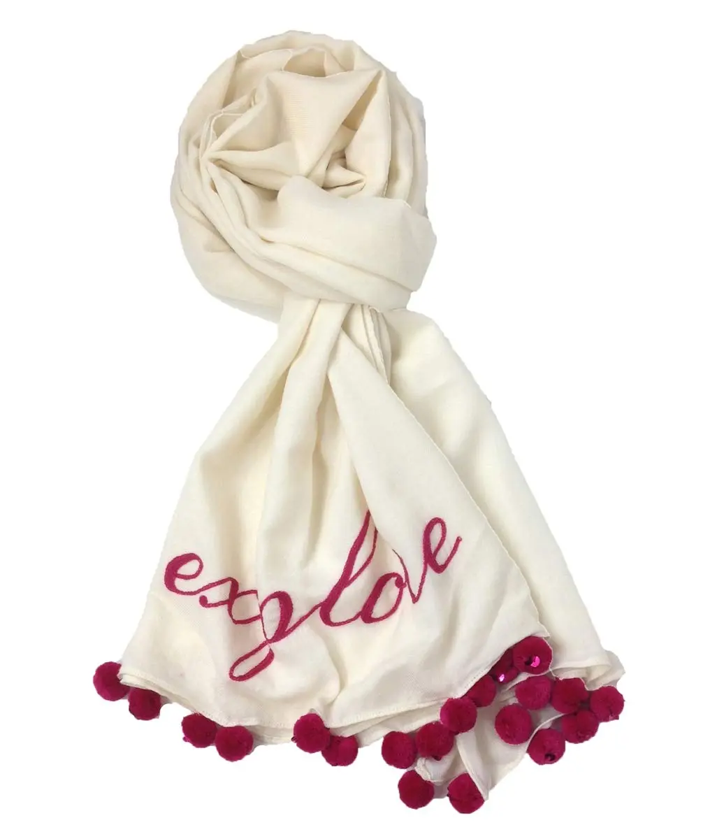 Kate Spade Women's On Purpose 'Explore' Scarf, Elegant and Whimsical with Pom Pom Trim for Layering - Cream/Pink, Playful, Whimsical Look, Wearing On Its Own, One Size, Peppy