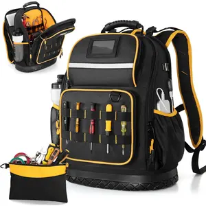 Tool Backpack with Hard Bottom and a Tool Pouch, Heavy Duty Tool Bag with Multiple Pockets and Laptop Sleeve, Black