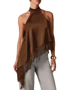 Yimoon Halter Tops for Women Y2k Mock Neck Sleeveless Top Lace Asymmetrical Hem Going Out Tank Tops Black Womenswear