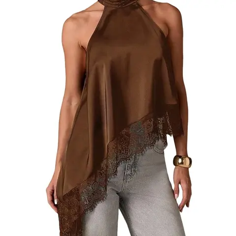 Yimoon Halter Tops for Women Y2k Mock Neck Sleeveless Top Lace Asymmetrical Hem Going Out Tank Tops Black Womenswear