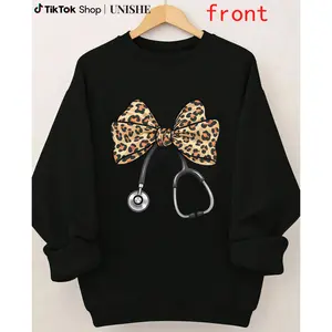 Breathable Long Sleeve Sweatshirt with Leopard Nurse Stethoscope Graphic