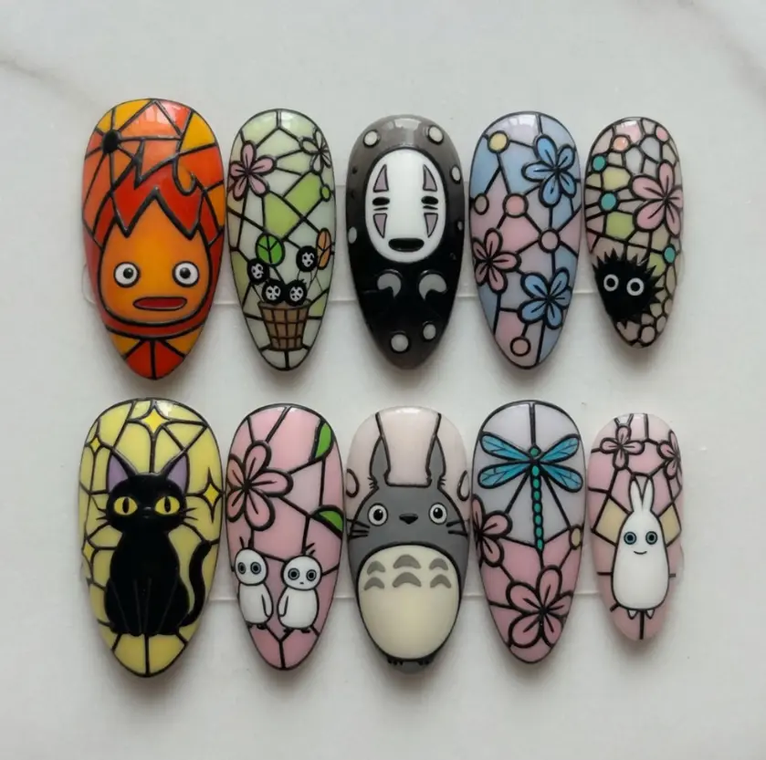 Studio Ghibli Stained Glass Press On Nails Totoro No Face Calcifer Jiji Black Cat Soot Sprites Kodama Dragonfly Anime Mosaic False Nails