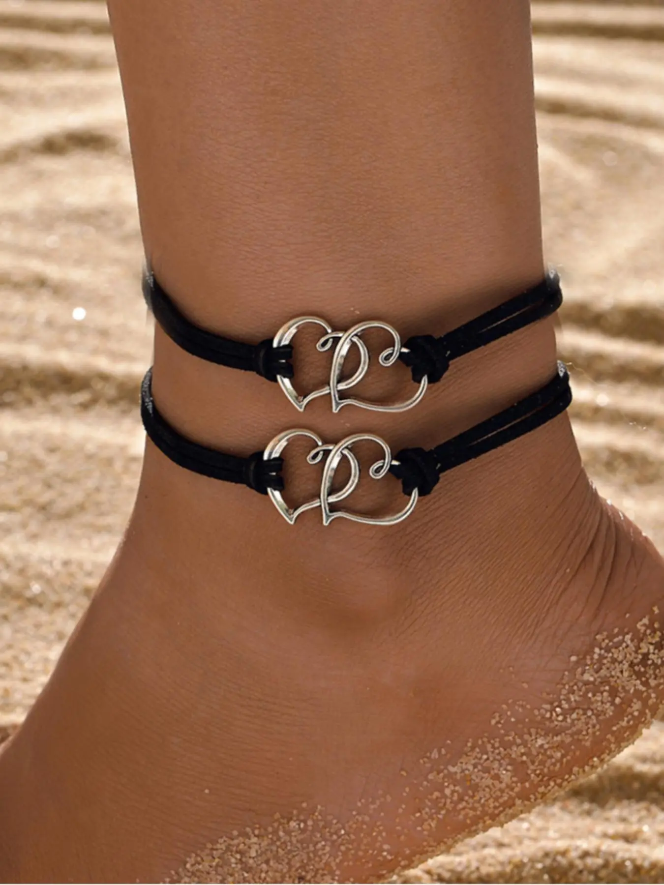 Simple Double Heart Linked Design Anklet, Fashionable Boho Adjustable Rope Anklet for Women & Men, Trendy Fashionable Jewelry Accessories for Party, Daily Clothing Decor,  for Birthday Gift, Dainty Layered Anklet
