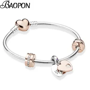 Elegant Silver Charm Bracelets for Women with Heart Pattern, DIY Snake Chain Jewelry Gift