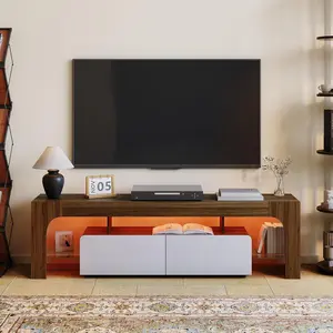 63 in TV Stand Modern Lighting TV Cabinet Entertainment Center Media with 2 Drawer Open Shelf Remote Control 16 Color LED Lights Up to 70 in TV TV Console Table for Living Room Walnut