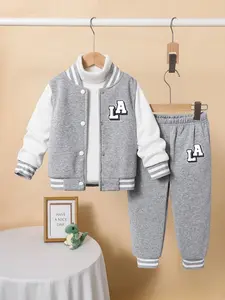 Boys' La Pattern Two-Piece Set, Thick Baseball Sweatshirt & Long Pants, Casual Fitted Fall Winter, Kids Clothing, Clothes Kids