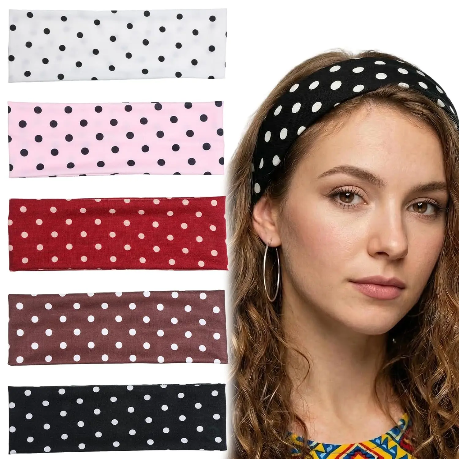 5 count polka dot headband for women, elastic wide hairbands for yoga, soft stretchy fabric headbands for workout, fashion outfits