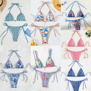 2026 New Boho Print Triangle Thong Bikini Set – Halter Neck Two-Piece Swimsuit(With Bonus Anklet Gift)