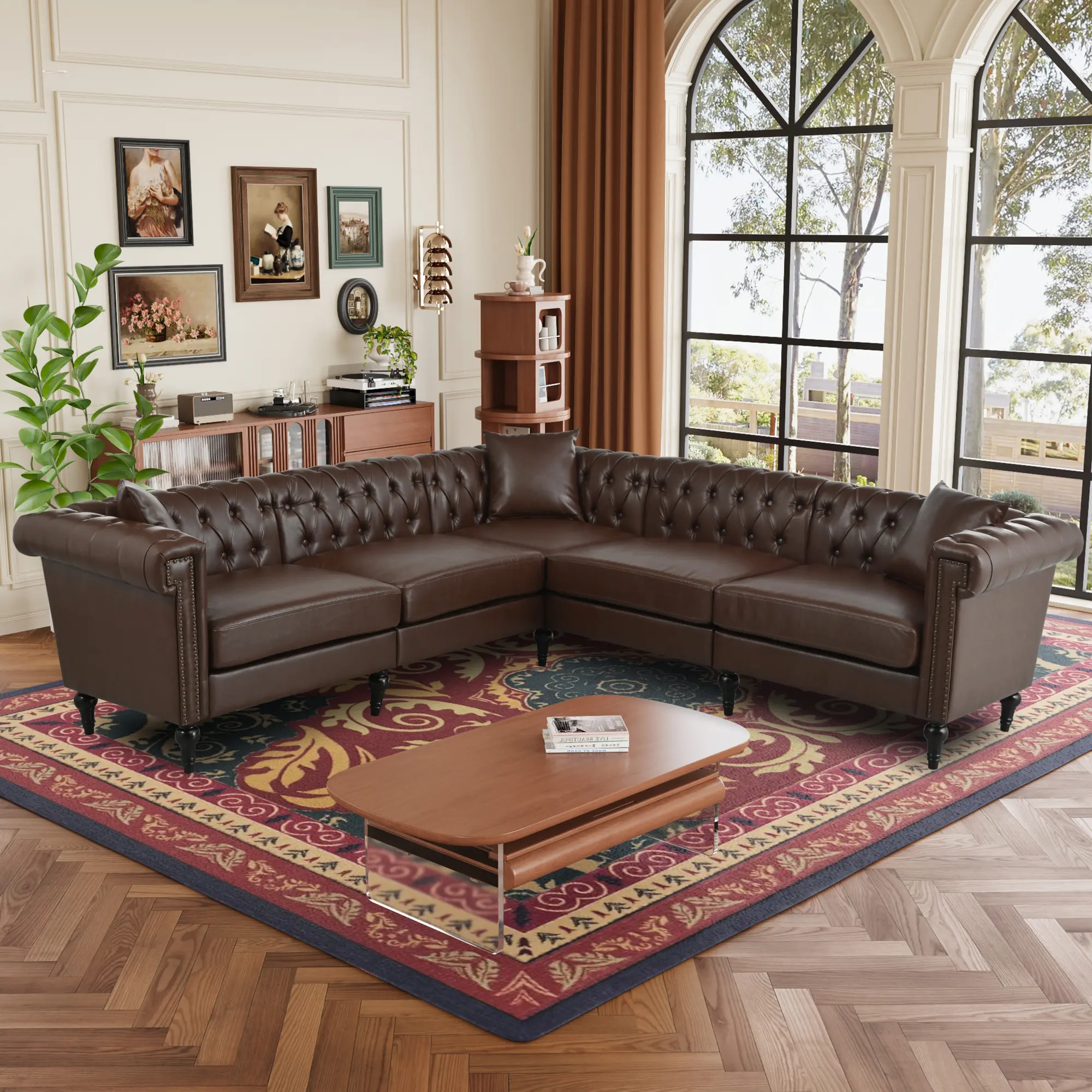 Dark Brown PU Leather L Shaped Reversible Chesterfield Sectional Sofa Couch, 5 Seat Tufted Sofa with Rolled Arms & Nailhead Trim, Modern Sectional Furniture for Small & Large Living Room Spaces