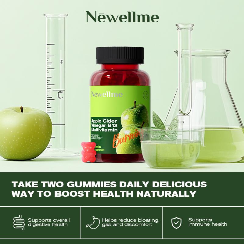 Newellme Apple Cider Vinegar Gummies with Vitamin B12 162g 60 Gummies Supports Digestion Detoxification Cleansing Made in USA Promotes Metabolism Enhances Skin Hair Wellness Boosts Immunity Healthcare Dietary Edible