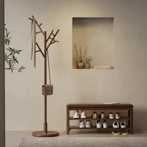 【Summer】TimberKnows Solid Wood Coat Rack, Freestanding Coat Tree with 12 Hooks & 3 Adjustable Heights, Modern Walnut Coat Stand for Entryway, Bedroom, Hats & Handbags
