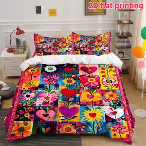 2D Flat 3Pcs Colorful Heart Floral Patchwork Duvet Cover Sets - Vibrant Hippie Flower Power Bedding, Artistic Love Pattern Comforter (1 + 2 Pillowcases, No Insert) For Bedroom Decor