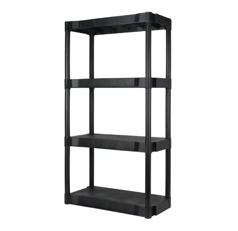 Black Plastic 4-Tier Shelving Unit 280 lb Capacity 56.2x30x13.8 Inches Durable Storage Solution for Organized Spaces