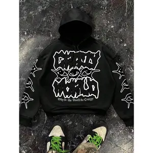Trending on TikTok! Black hoodie with “CRAZY WORLD” text, eye graphics, and star-like prints on the sleeves, plus “Why Is the World So Crazy?” Slogan, perfect for achieving a stylish, edgy streetwear look