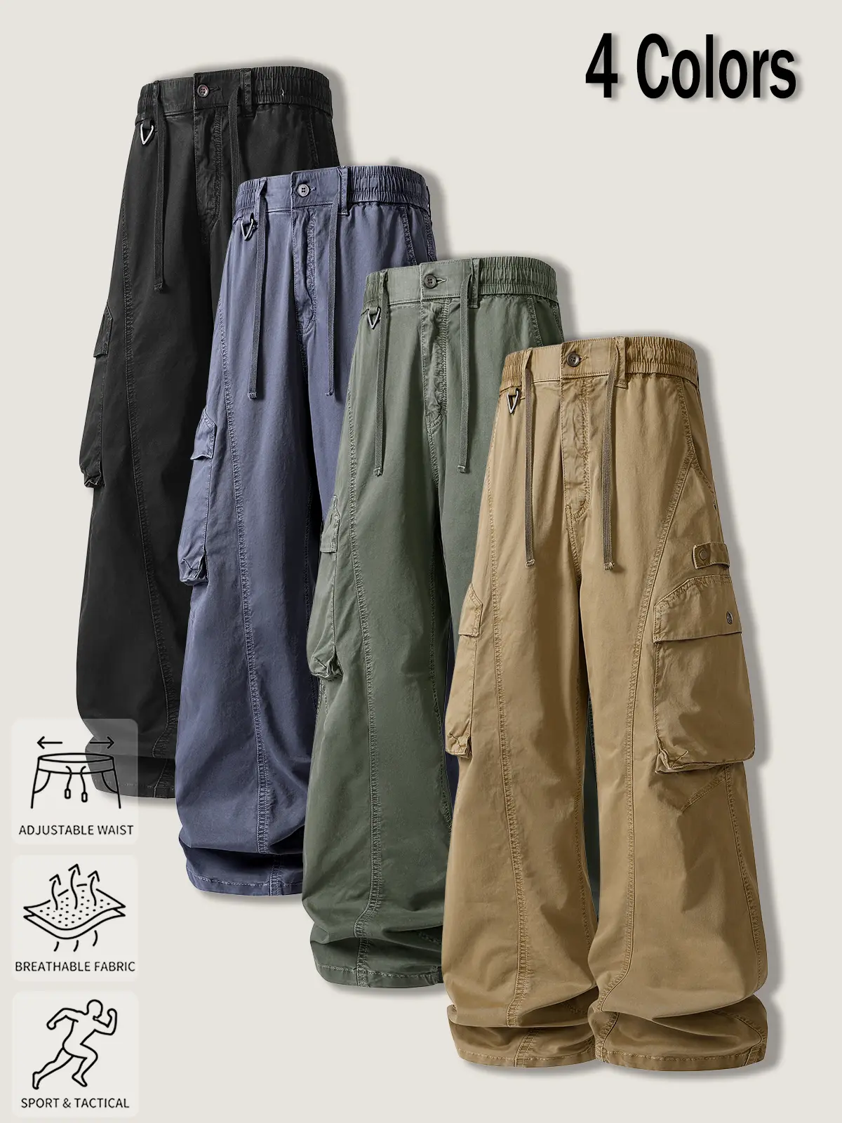2-pack wide-leg cargo pants featuring a semi-elastic drawstring waist, ultra-wide legs, a natural layered drape, suitable for streetwear, skateboarding, and everyday outdoor activities.