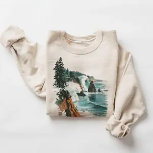 Retro Oregon Coast Winter Cliffs and Waves Sweatshirt - 90s Vintage Vacation Sea Coastline - Boho Unisex Cotton Pullover