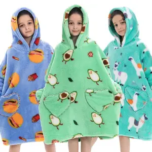 Cute Cartoon Print Cozy Hooded Blanket, 1 Count Stylish 550gsm Oversized Wearable Hooded Sweatshirt Pullover, Wearable Blanket Hoodie with Big Pocket