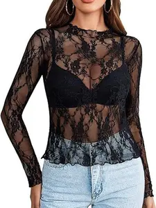 Women's Lace Long Sleeve Mesh Top Mock Neck Sheer Blouse with Floral Pattern for Layering & Stylish Outfits Gothic Chic Elegant Summer Shirts