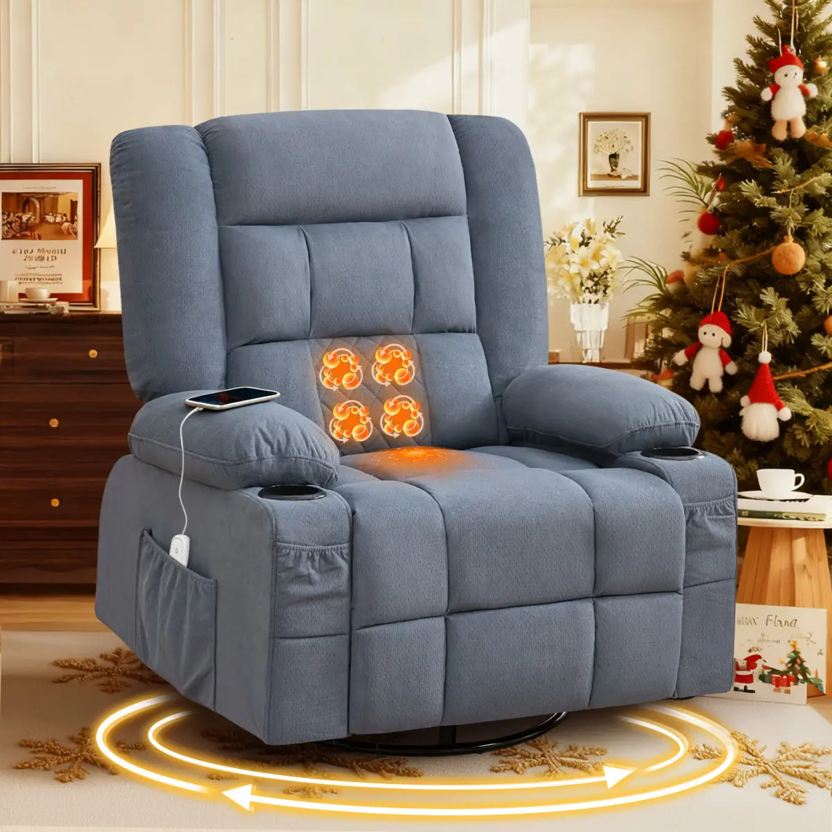 Recliner Chair with 4-Point 3D Kneading Massage and Heat Kneading Massage Rocker for Living Room with Rocking Function and 2 Cup Holders, USB Charge Port