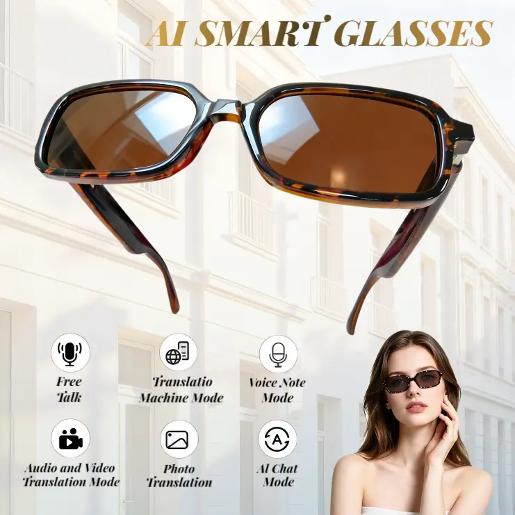 AI Smart Wearable Glasses, Fashion Square-Frame Bluetooth Sunglasses with Polarized Lenses, AI Translation, Free App for Travel & Daily Outdoors