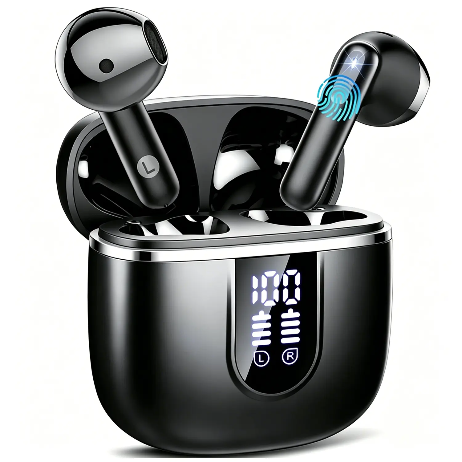 Wireless Earbuds, Bluetooth 5.4 Headphones Bass Stereo Support 185 Languages NoSubscription, Ear Buds with Noise Cancelling Mic, LED Display in Ear Earphones Clear Calls, IP7 Waterproof Bluetooth Earbuds for Phones/Sports/Laptop, Black