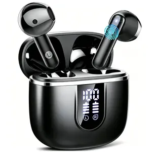 Wireless Earbuds, Bluetooth 5.4 Headphones Bass Stereo Support 185 Languages NoSubscription, Ear Buds with Noise Cancelling Mic, LED Display in Ear Earphones Clear Calls, IP7 Waterproof Bluetooth Earbuds for Phones/Sports/Laptop, Black