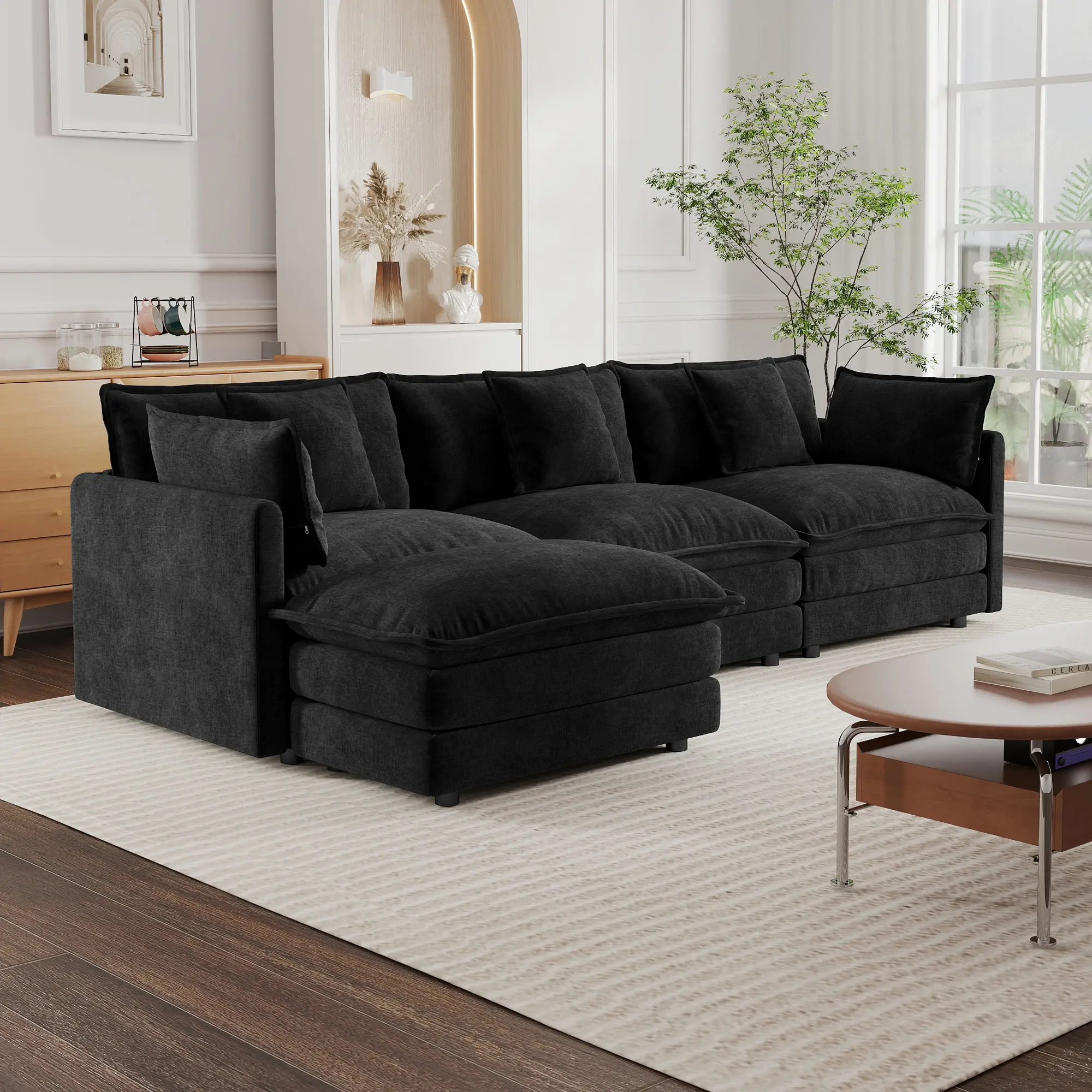 Mikibama Modern Modular L-Shaped Sectional Sofa, 111.5in 3-Seater Chenille Cloud Couch Set with Movable Ottoman, Cozy Comfy Loveseat, DIY Combination Indoor Living Room Furniture
