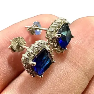 Blue Sapphire & White Topaz Stud Earrings for Women 925 Sterling Silver