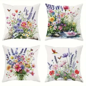 4pcs,  Spring Themed Throw Pillow Covers, Lavender and Wildflower Pattern, Home Decor for Living Room Sofa and Bedroom, Suitable for Spring and all Seasons Decoration, 2D Flat, Single Sided Printing, No Pillow Core
