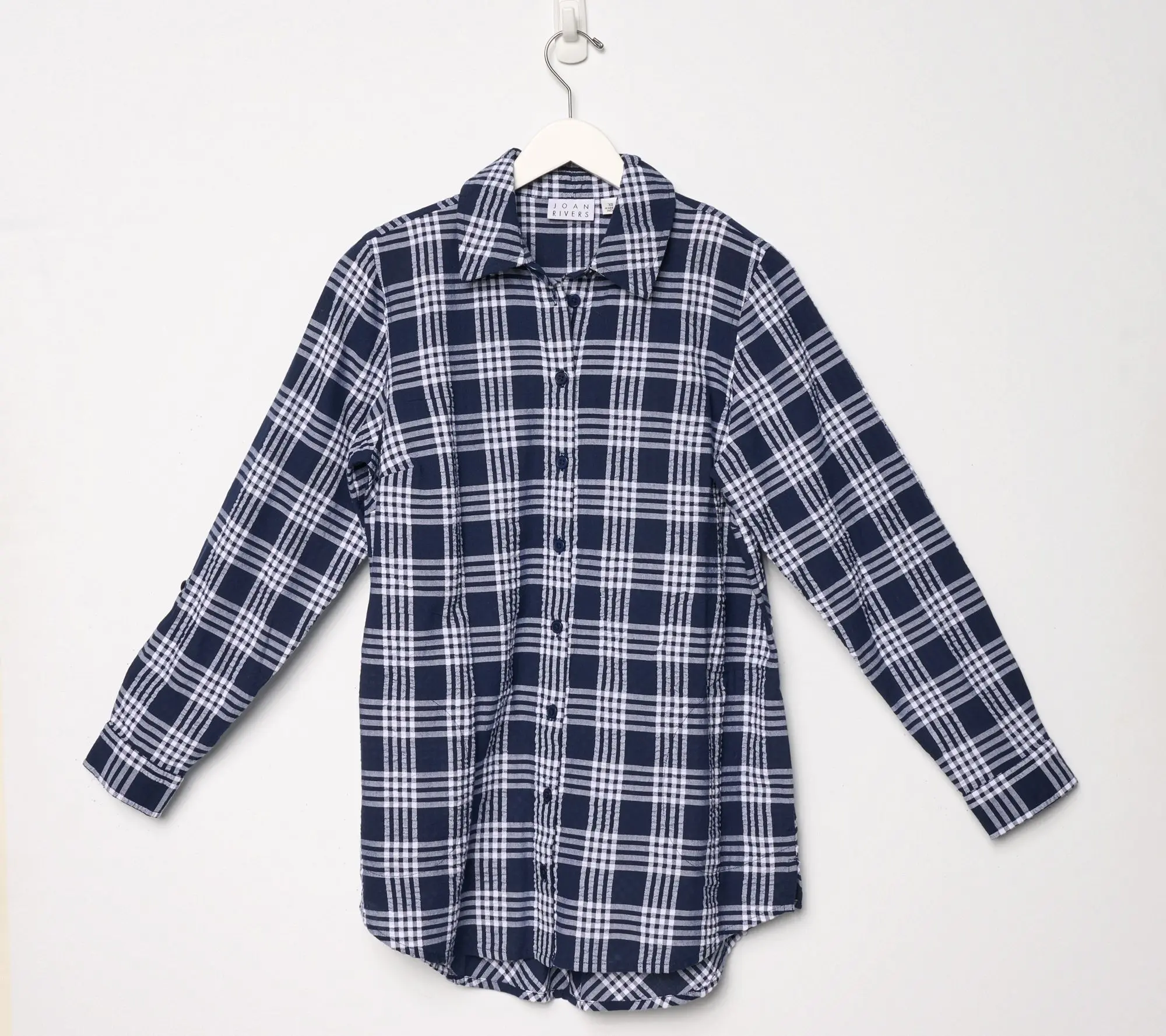 Joan Rivers Cotton Gingham Seersucker Button-Back Boyfriend Shirt