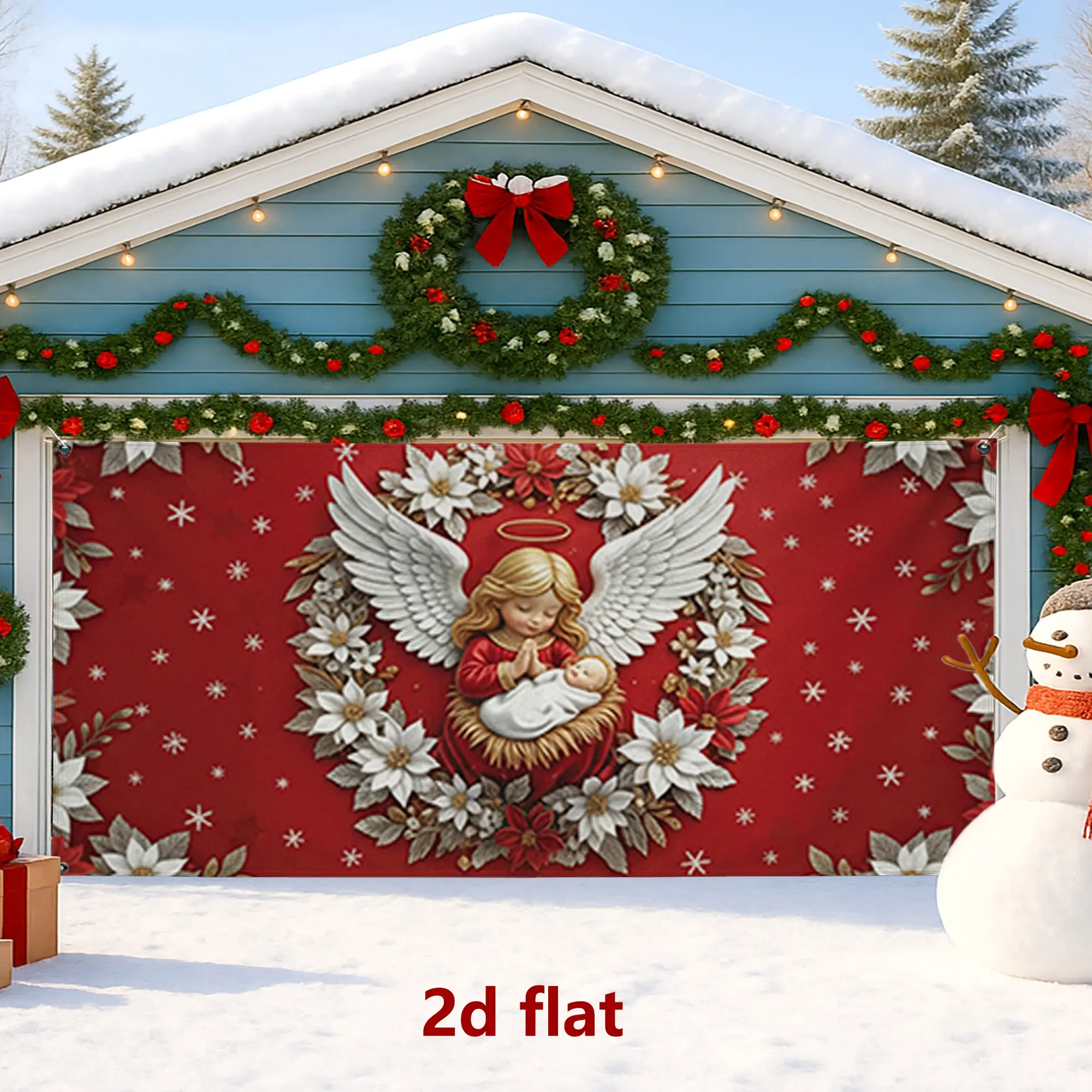 1pc 2d flat Angel Christmas Garage Door Cover, Red Vintage Floral Design Large Garage Door Decorations, Winter Indoor and Outdoor Holiday Decor