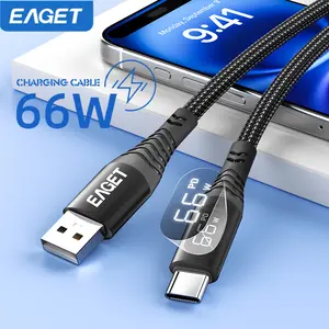 EAGET 66W Fast Charging USB-C Data Cable,Intelligent Digital Display Phone Charging Cable,Wear-Resistant Nylon Braided Durable Data cable ,For  iP 12/13/14/15/16& Samsung/Android cell phone, Smartphone Accessories,dealsforyoudays Type C Charger Usb Cord