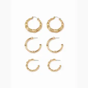 Cider 3 PAIRS BAMBOO TUBE & TWISTED HOOP EARRINGS SET