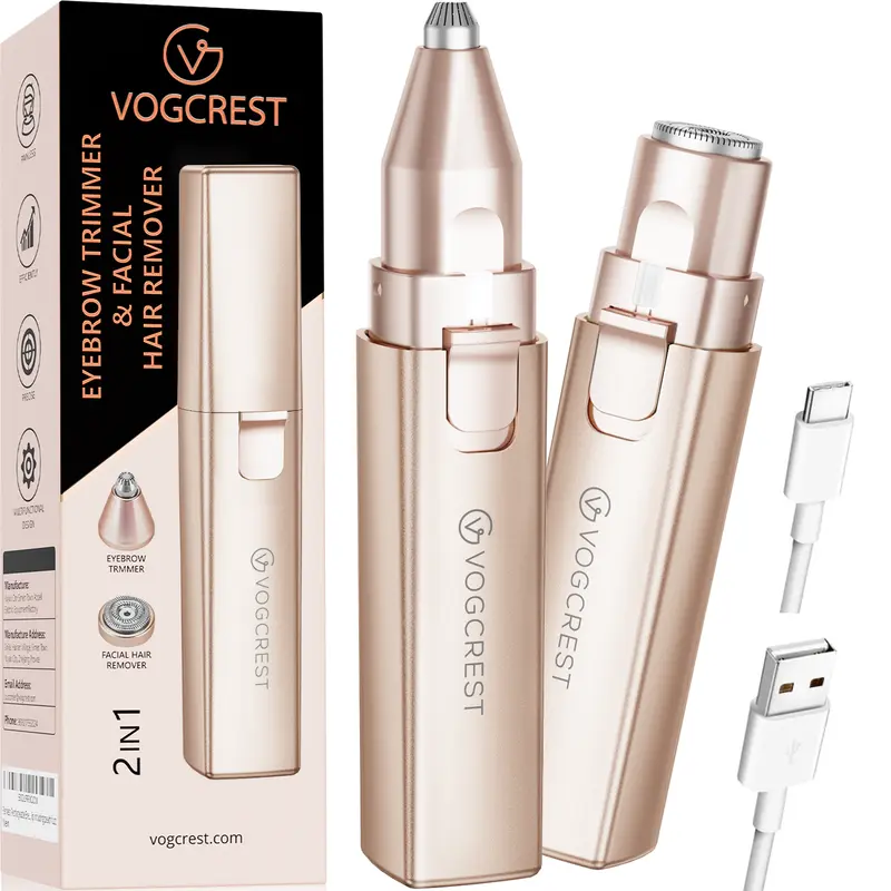 2-in-1 Rechargeable Facial & Eyebrow Hair Remover for Women – Painless Electric Face Shaver for Eyebrows, Lips, and Peach Fuzz with LED Light