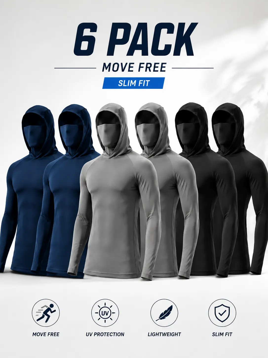 Men's 6-Pack Athletic Hooded Shirts with Face and Neck Coverage, Quick Dry Long Sleeve Training Tops Featuring Flexible Fabric for Running, Cycling, Camping, Fishing, Climbing, Outdoor Labor and Active Recreation