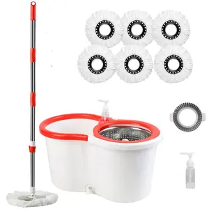 Spin Mop And Bucket, 360° Spin Mop Bucket System With 6 Microfiber Mop Replacement Heads, 61in Stainless Steel Adjustable Handle For Floor Cleaning