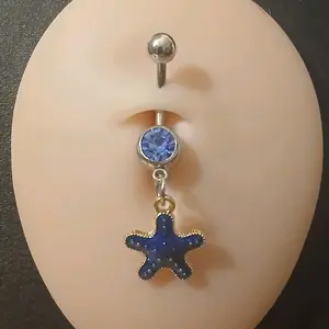Blue Starfish Belly Piercing with Sparkling Gemstone and Dangling Charm for Trendy Body Jewelry